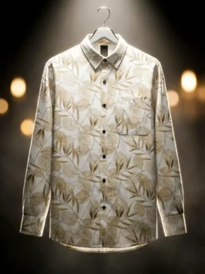 Cream Leaf Printed Cotton Blend Lycra Shirt