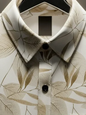 Cream Leaf Printed Cotton Blend Lycra Shirt