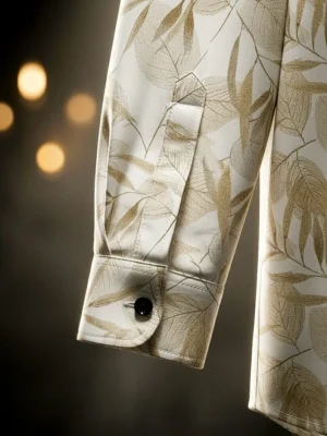 Cream Leaf Printed Cotton Blend Lycra Shirt