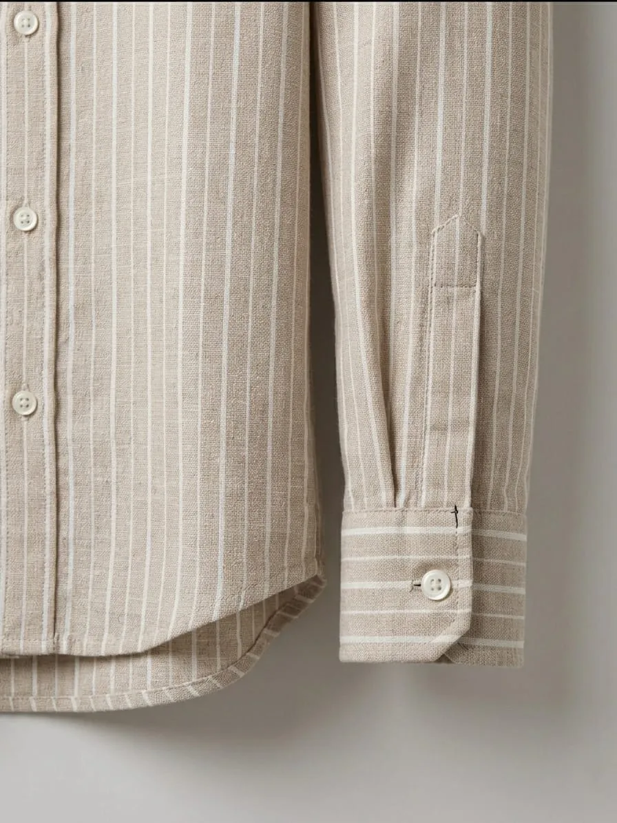 Premium Beige Striped Cotton Full Sleeve Shirt - Image 3