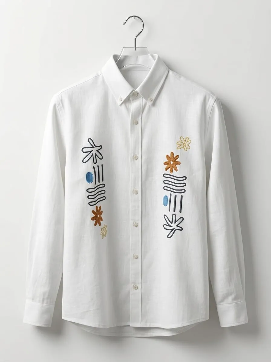 Premium White Embroidered Cotton Full Sleeve Shirt for Men